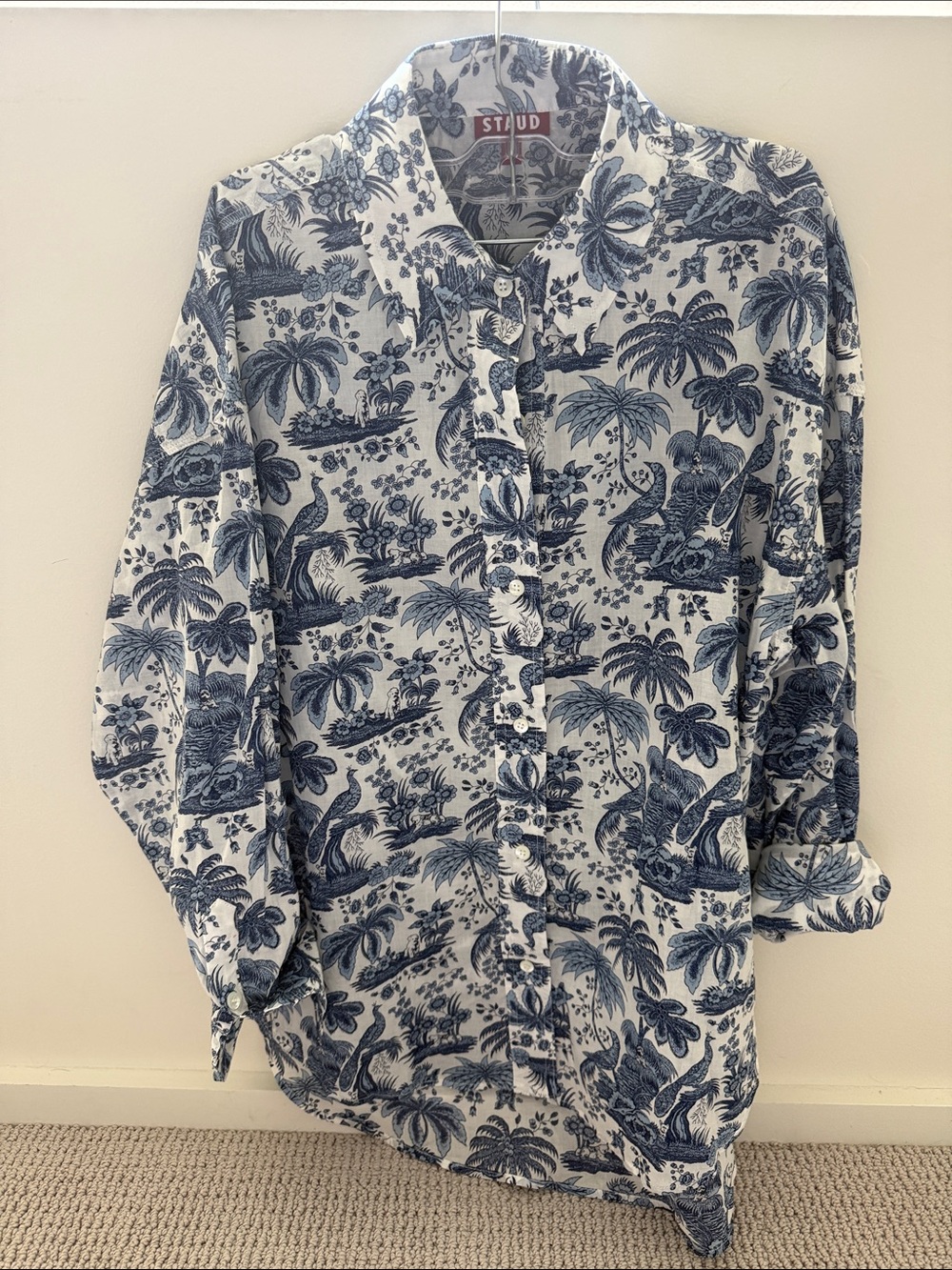 STAUD Blue and White Tropical Print Button-Down Shirt
